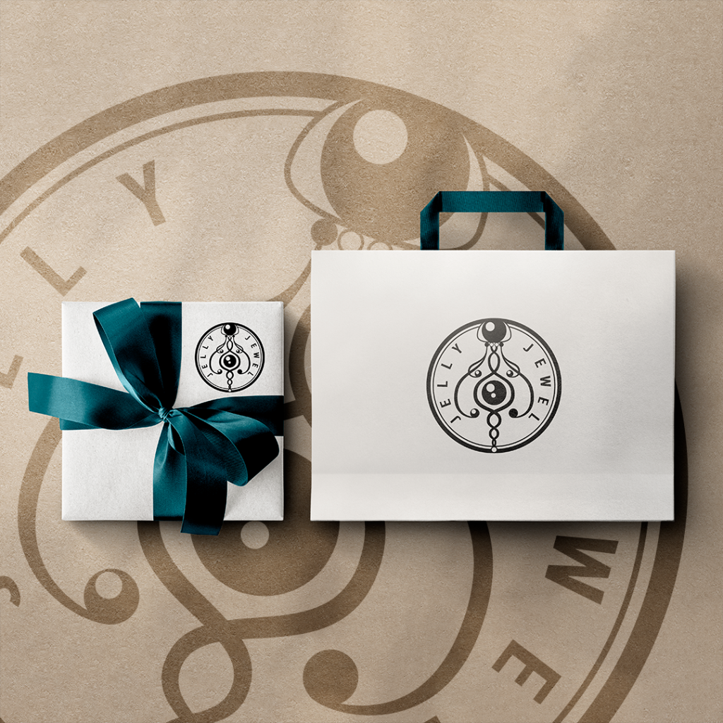 Logo Design by Kateryna Podolska for 'Jelly Jewel' online jewelry store, logo, logotype, brand, identity, design, creative, sign, icon, create, jewelry, store, sale, bag, package, box, jewelry box, business card
